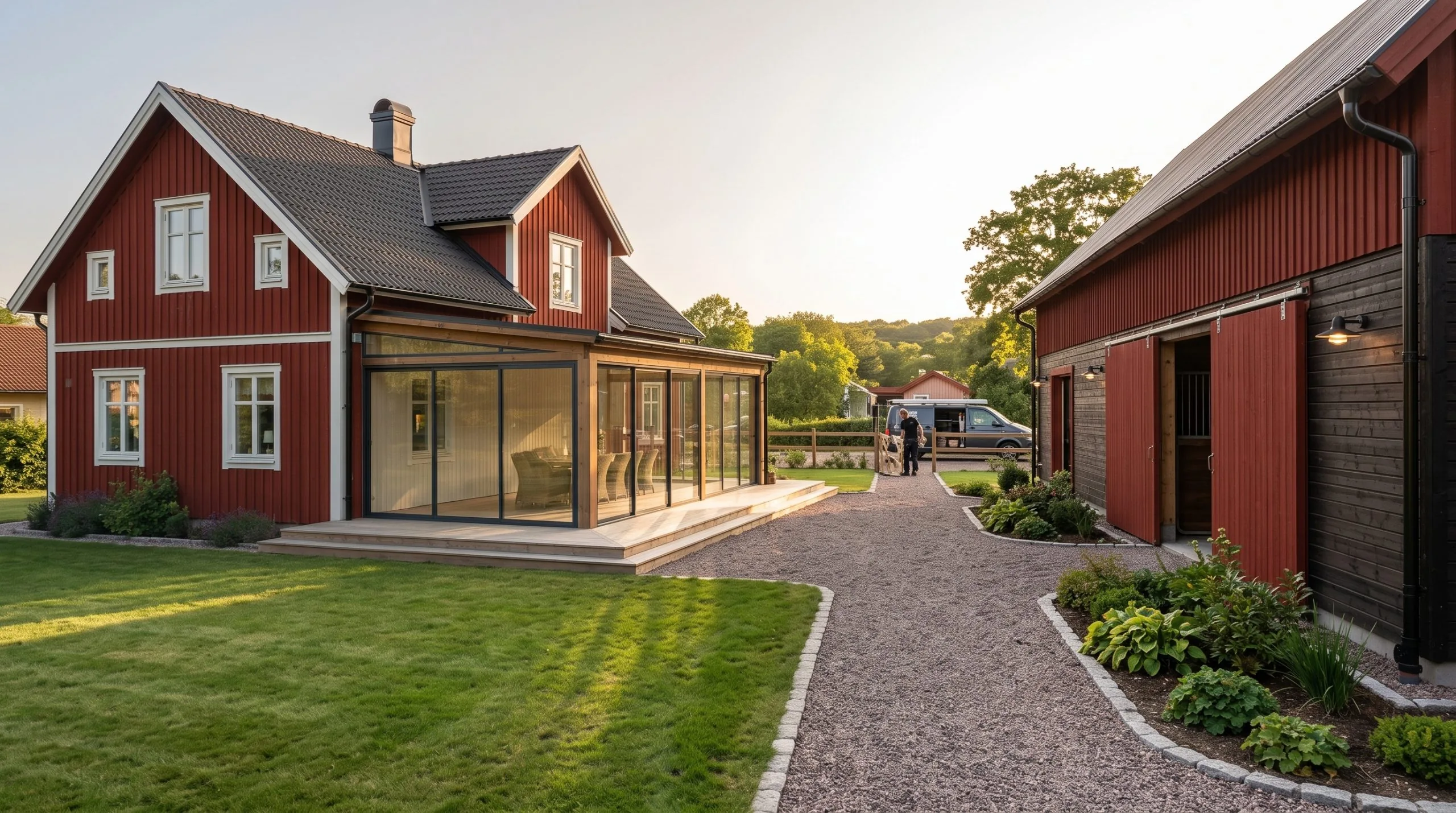 Röd villa med inglasat uterum och träaltan intill en gårdsbyggnad och grusgång i kvällsljus.