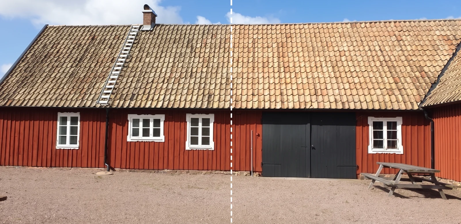AI-genererad illustration av ett tegeltak med mer påväxt till vänster och renare pannor till höger