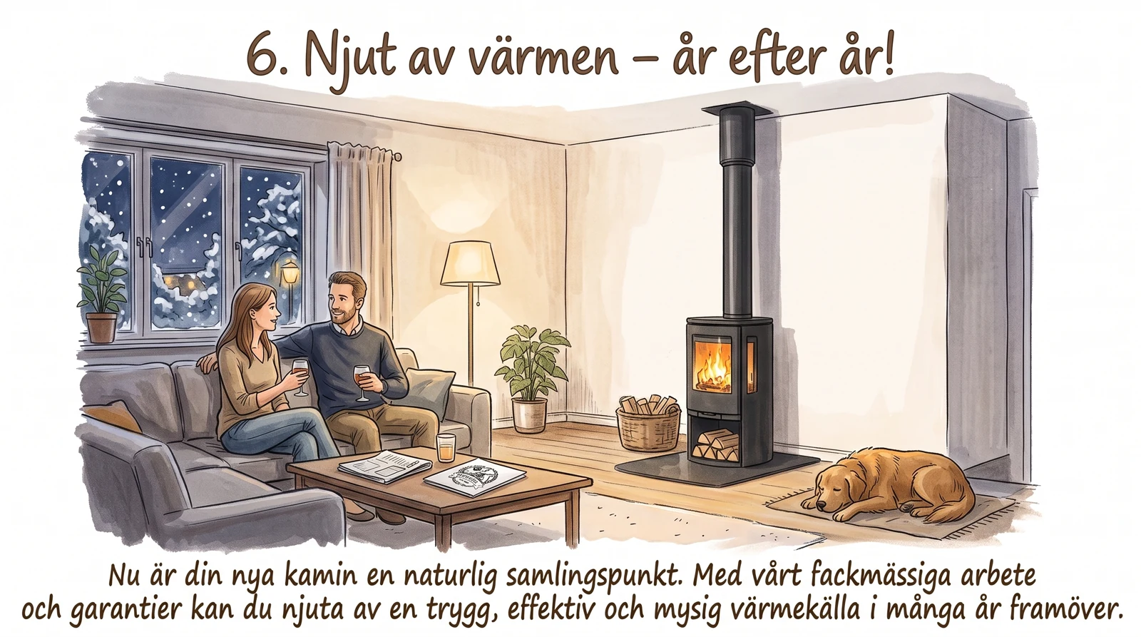 Illustration av ett par och en hund i ett vardagsrum med en brinnande kamin en vinterkväll.