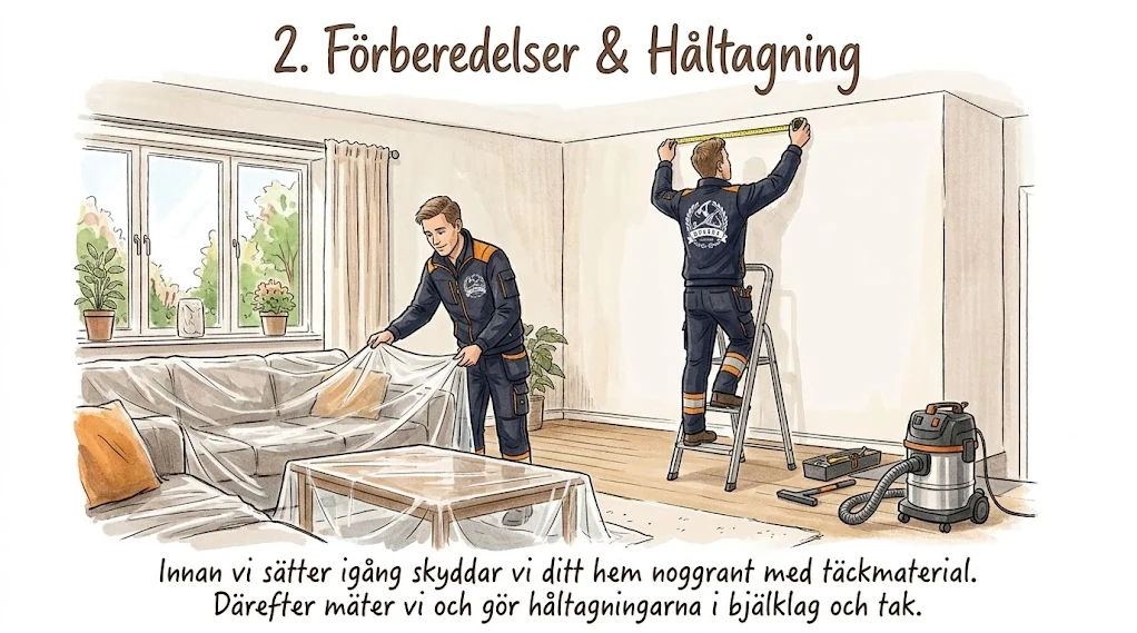 Illustration av montörer som skyddar möbler och mäter inför en skorstensgenomföring.