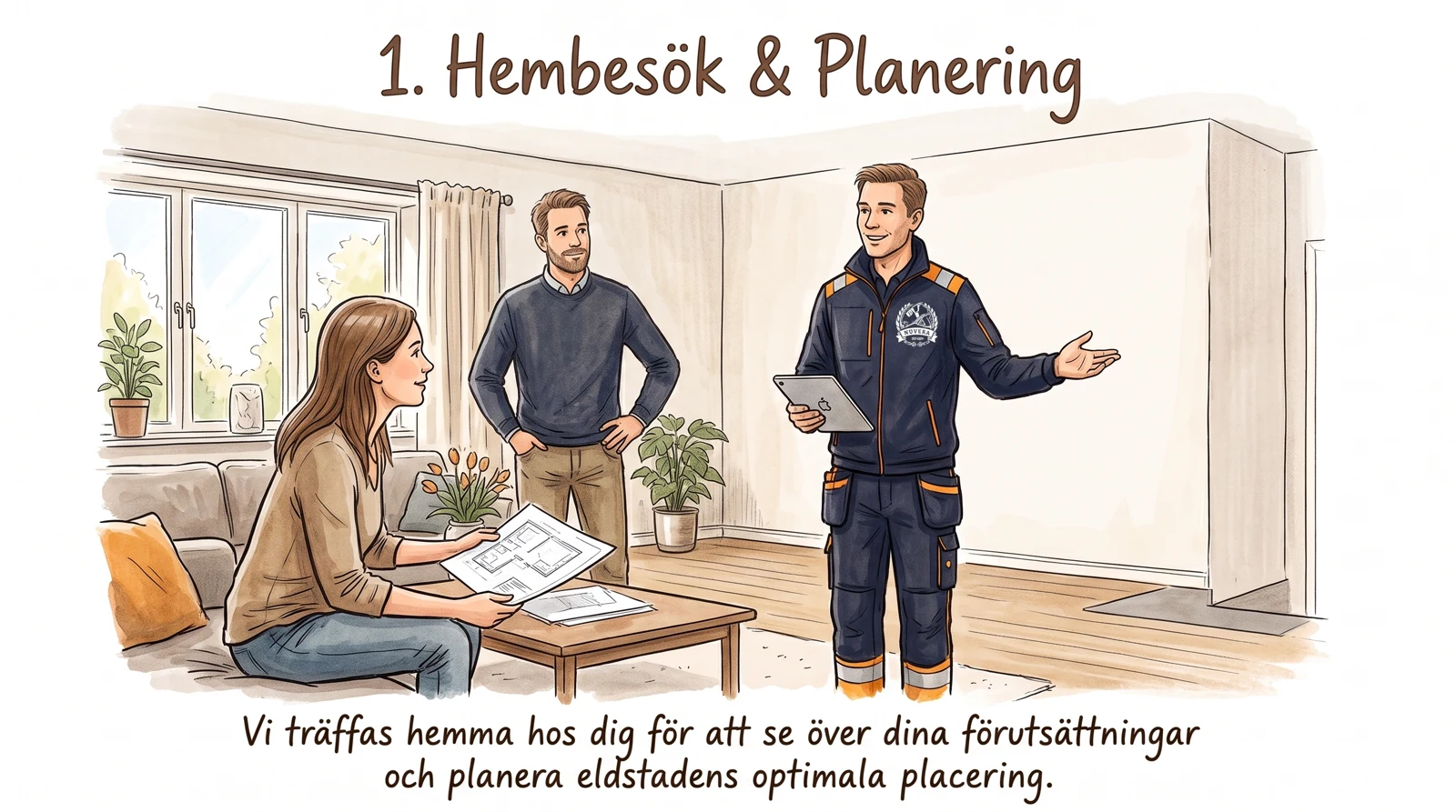 Illustration av ett hembesök där en montör och husägare planerar kaminens placering.