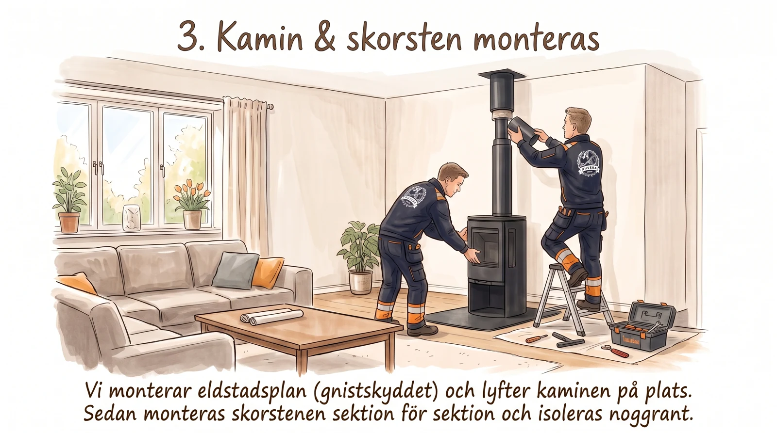 Illustration av två montörer som placerar en braskamin och monterar skorstensröret.