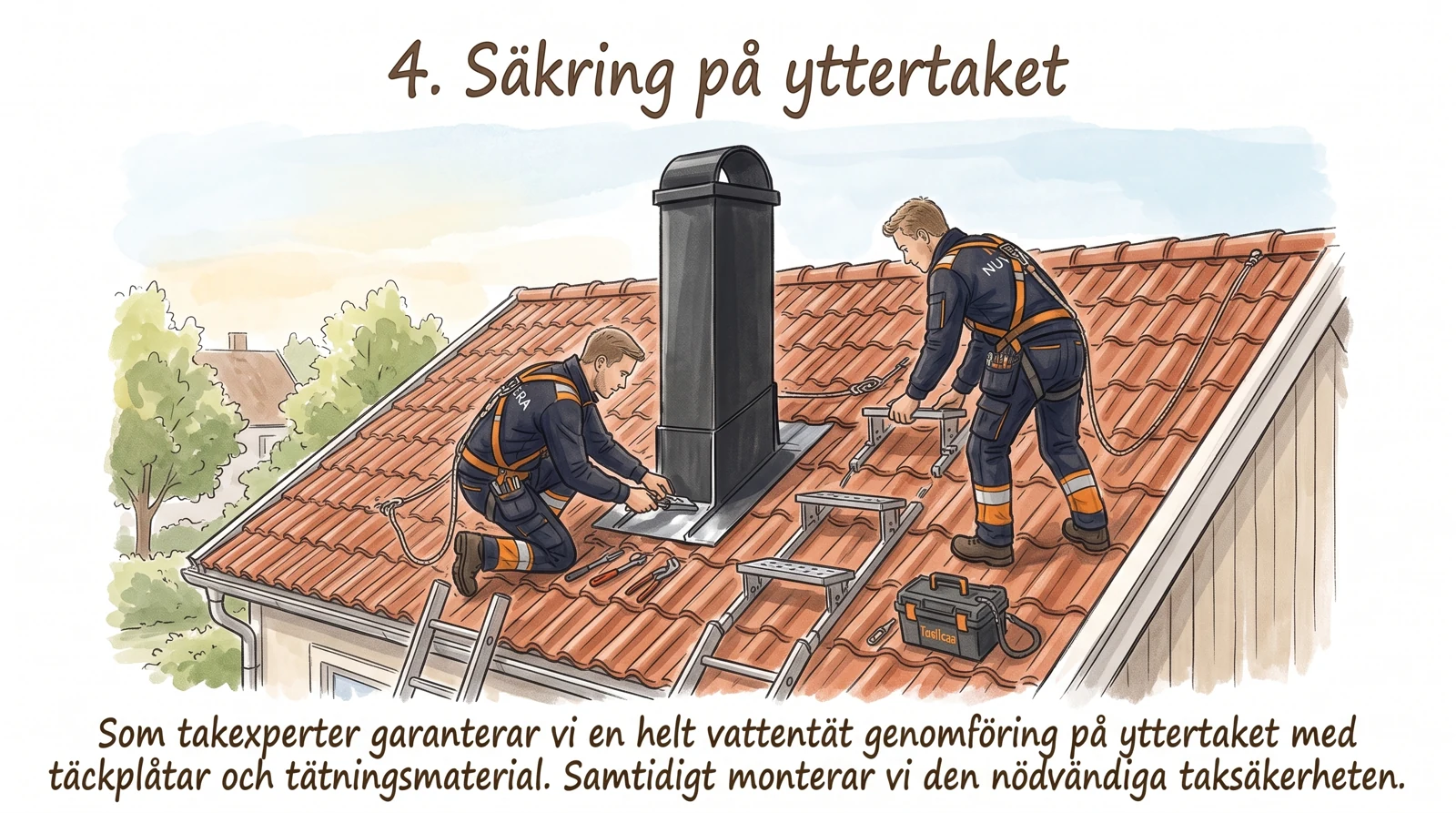 Illustration av montörer som arbetar med tätning runt en skorsten och taksteg på ett tegeltak.